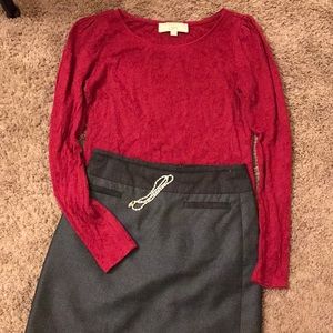 LOFT wine-red long sleeve top with lace detail